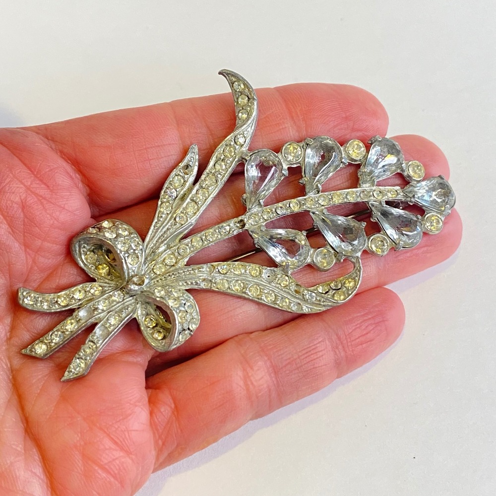 Vintage Pot Metal Brooch Rhinestone Floral Spray Large Bow Silver Tone 3.75 Inch